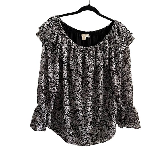 Michael Kors Women Sz L Black/White Floral Off The Shoulder Long Sleeve Blouse - Picture 1 of 8